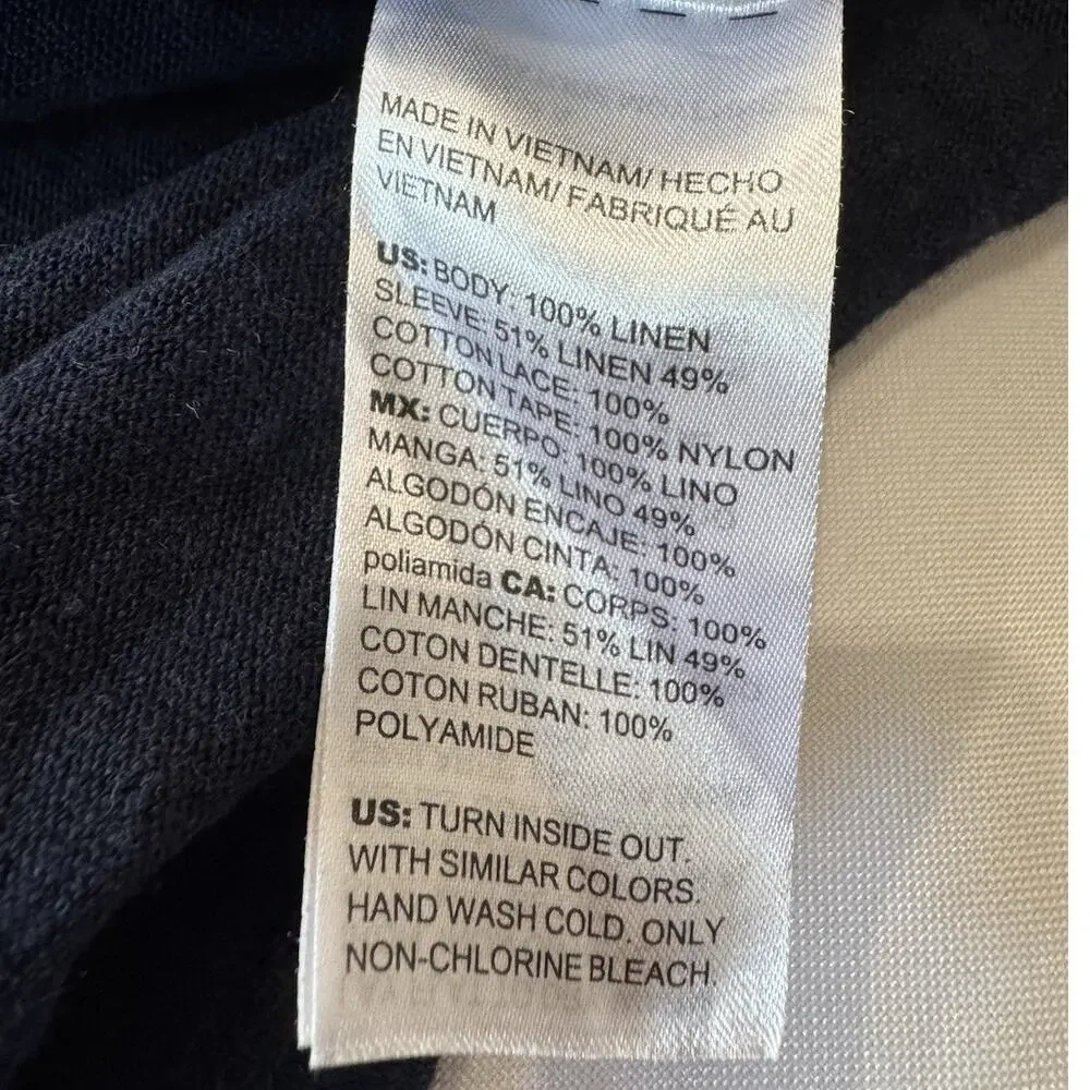 Chicos Navy Blue Linen Shirt Tunic Slub Knit Pom 3/4 Sleeve Size 3 XL